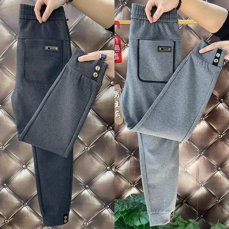 休闲裤男士秋冬新款宽松潮流时尚小脚裤毛呢弹力松紧腰纯色哈伦裤