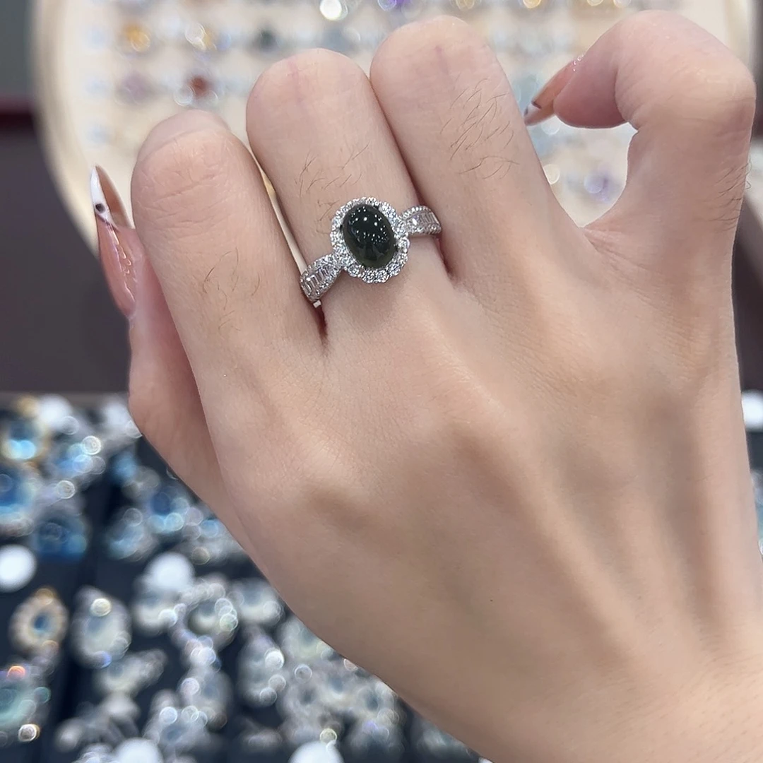 蛇纹石玉银S925镶嵌戒指霁*?