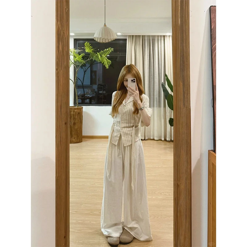 夏季时尚设计款气质条纹衬衫显瘦修身衬衫上衣休闲宽松百搭长裤女