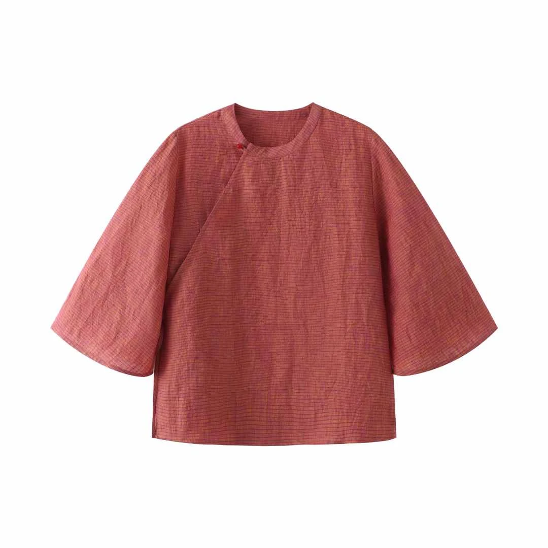 【凝红妆】比利时进口Ding奢四色色织亚麻格子高货复古盘扣圆领上衣