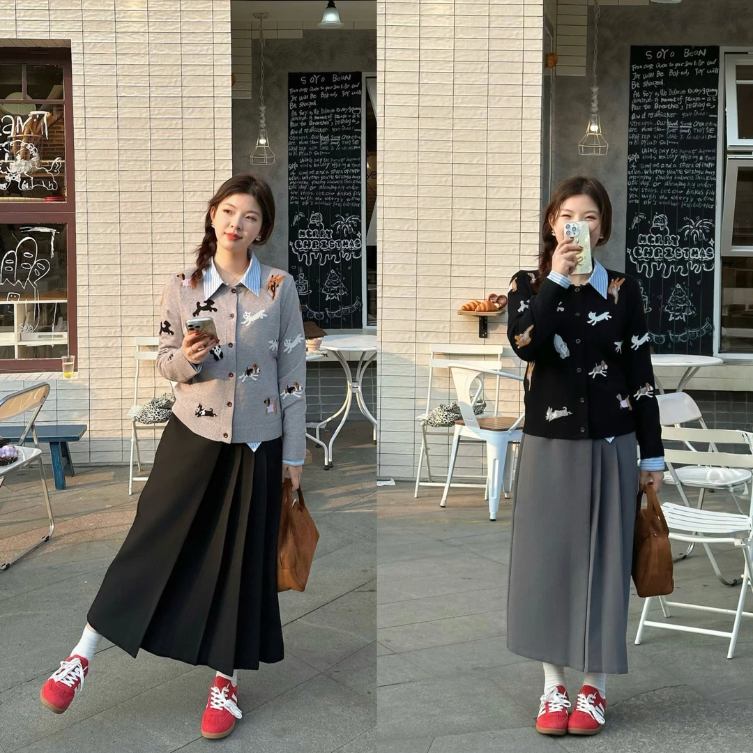 裂渡柚柚【动物乐园】微胖大码女春季提花减龄圆领针织衫TM502A55