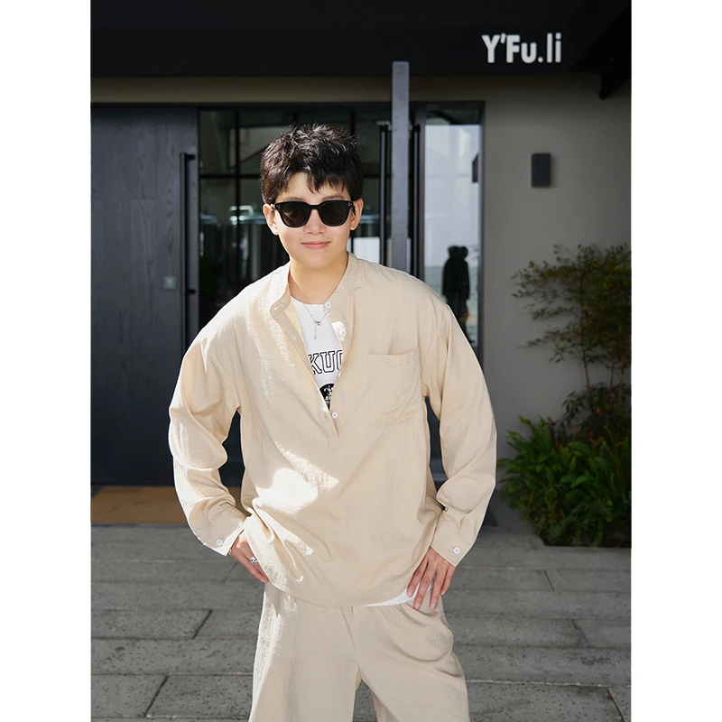 Cookawu夏浅米色仿亚麻垂感韩系慵懒立领长袖衬衫