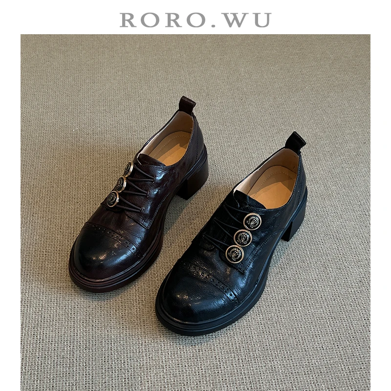 娆娆吴·头层羊皮徽章时尚小皮鞋深口单鞋女粗跟乐福鞋单鞋A189