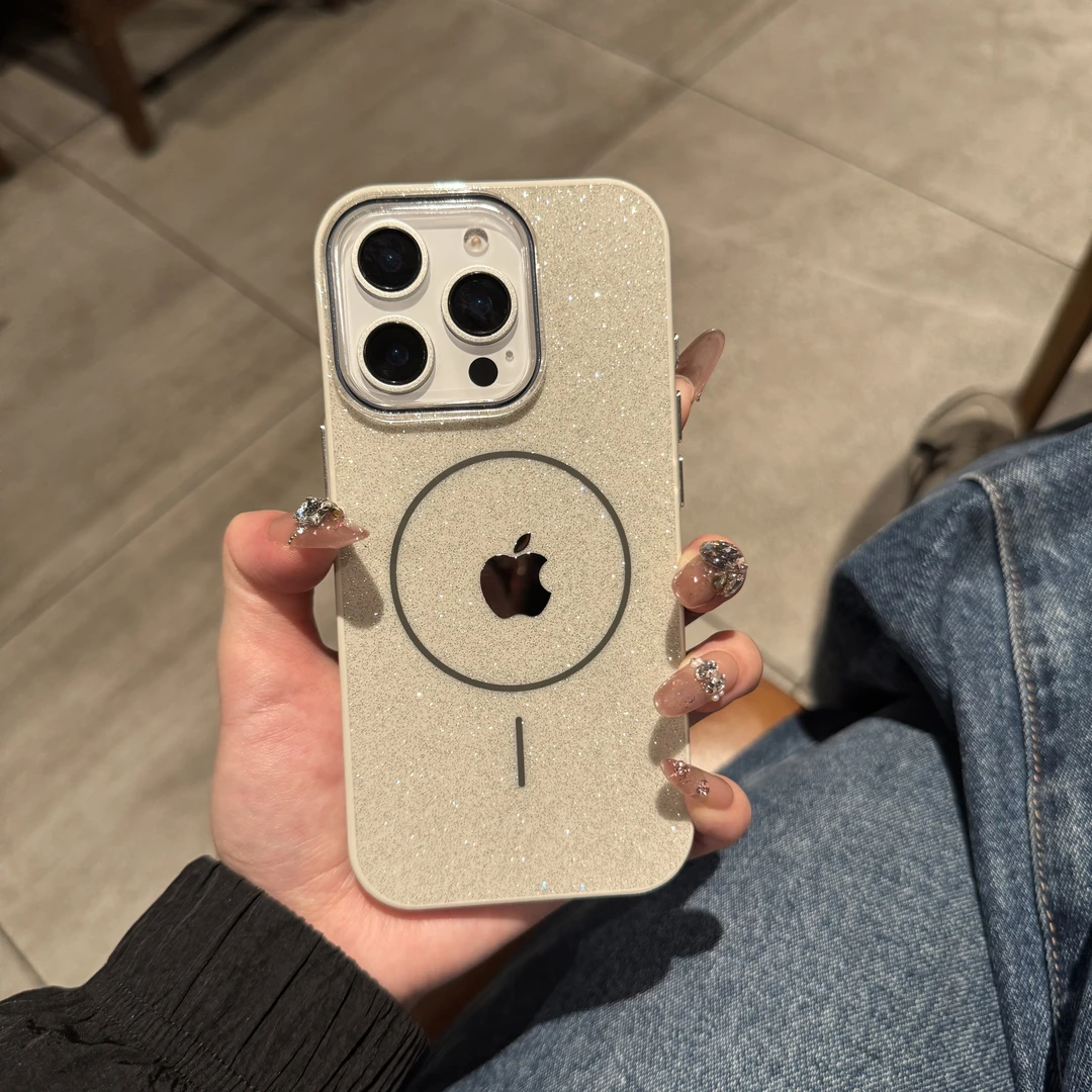 轻奢闪粉细圈磁吸适用于16Promax手机壳iPhone15新款14简约13防摔