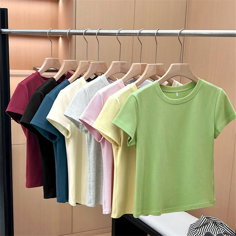 黑色短袖t恤女夏季螺纹棉_正肩弹力显瘦基础百搭圆领修身短袖T