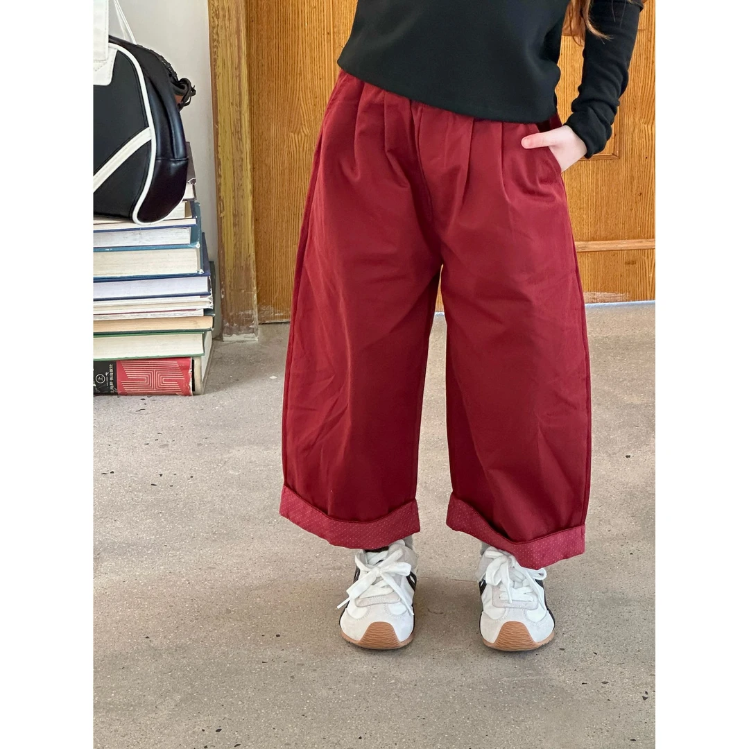 女童棉布裤2025秋款韩系拼接波点直筒裤儿童百搭翻边休闲裤86170
