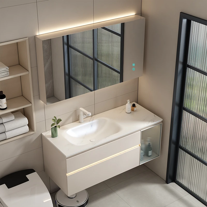 【达人专属】奶油风8996浴室柜组合岩板热弯一体盆洗漱台洗脸盆