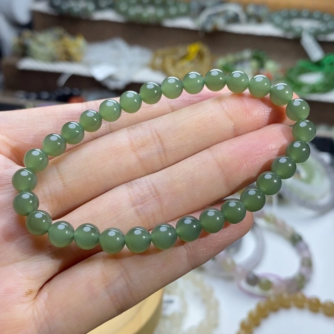 和田玉未镶嵌手链6mm高冰湖水绿猫眼圆珠
