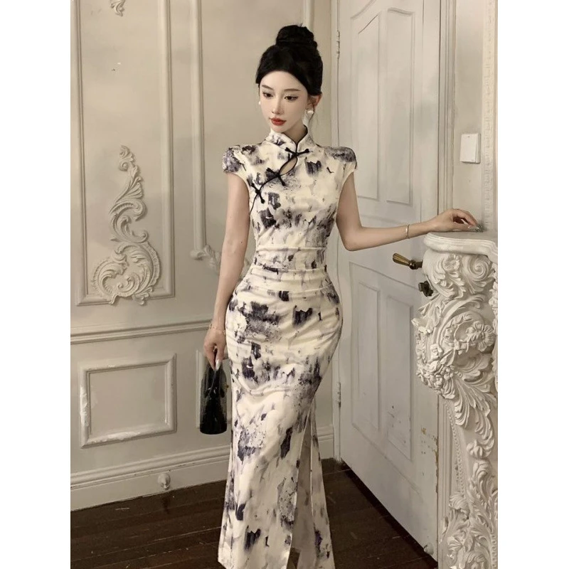 【新款】式复古国风优雅女人味印花修身显瘦开叉日常旗袍连衣裙女