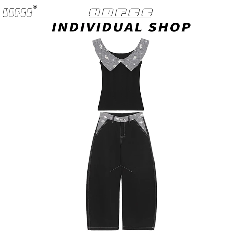 美式复古设计感格纹拼接一字肩女夏季爆款辣妹短款上衣阔腿裤套装