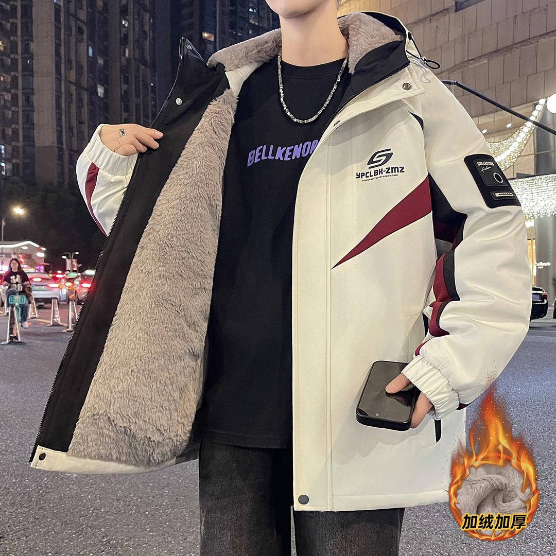 加绒加厚外套冬季新款保暖连帽夹克青少年休闲潮流韩版上衣服棉衣