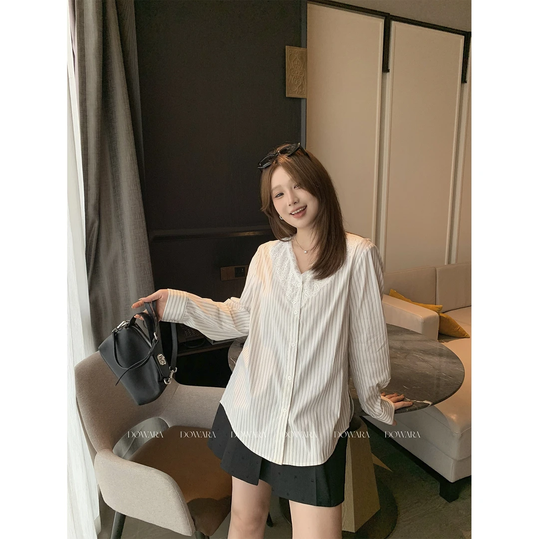 现货大婉酱微胖定制韩系气质蕾丝V领条纹衬衫女秋季百搭上衣0037D