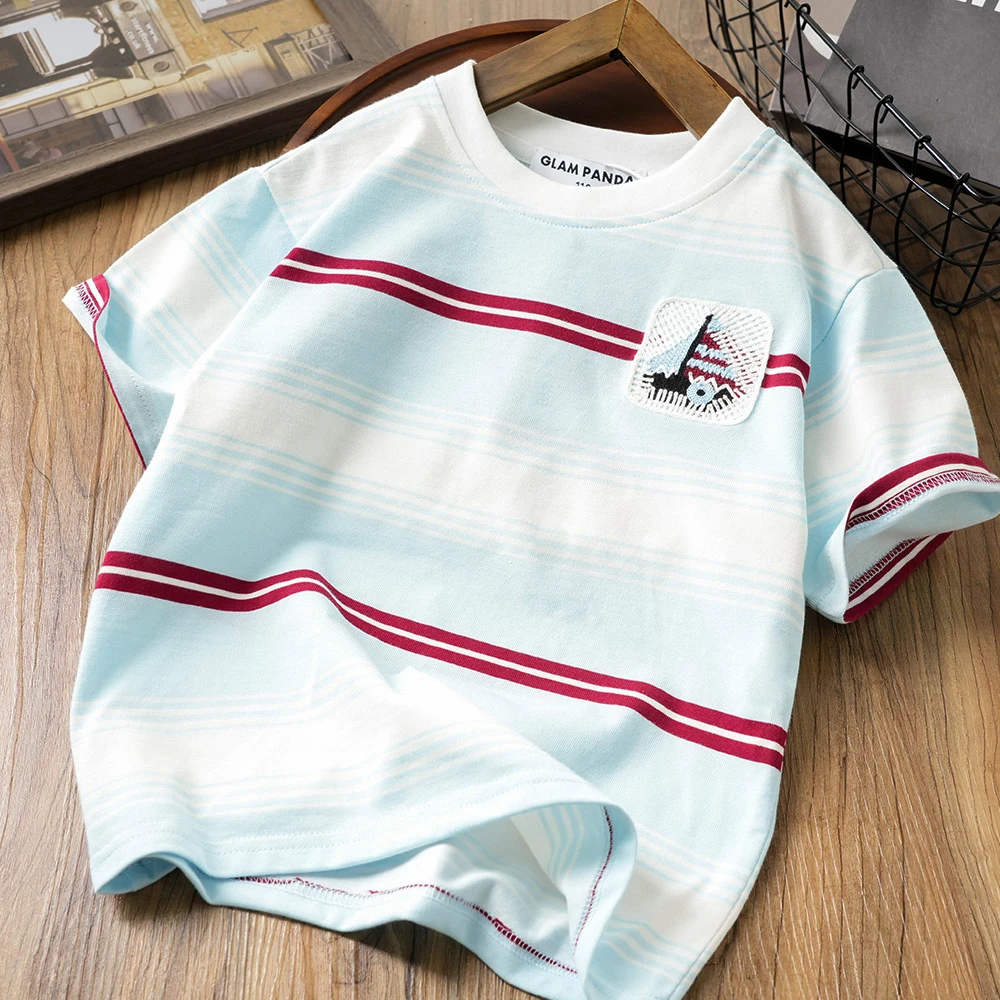 浅色系夏日休闲条纹短袖衫儿童百搭帆船刺绣中大童时尚2040
