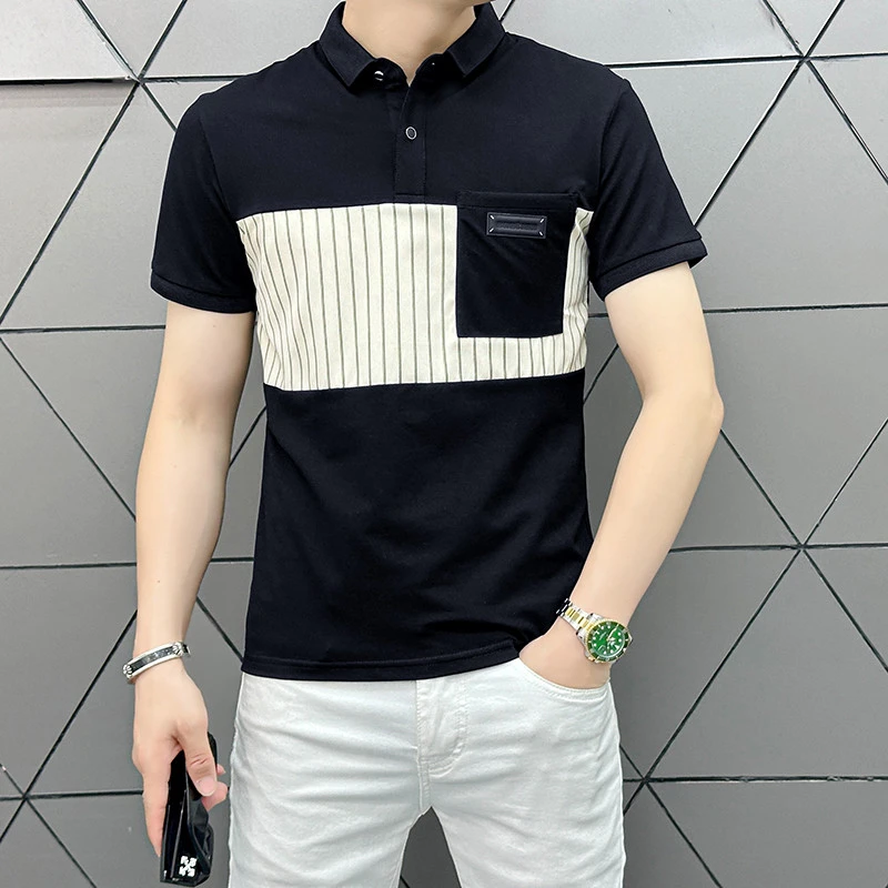 VOGUE MEN尚绅夏季新款男士短袖T恤翻领潮流拼接修身半袖体恤男百