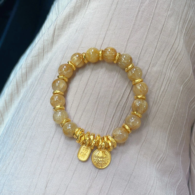 铜合金手链 黄金色盘缠黄财神蜜糖色串珠女款百搭高级感百搭手链