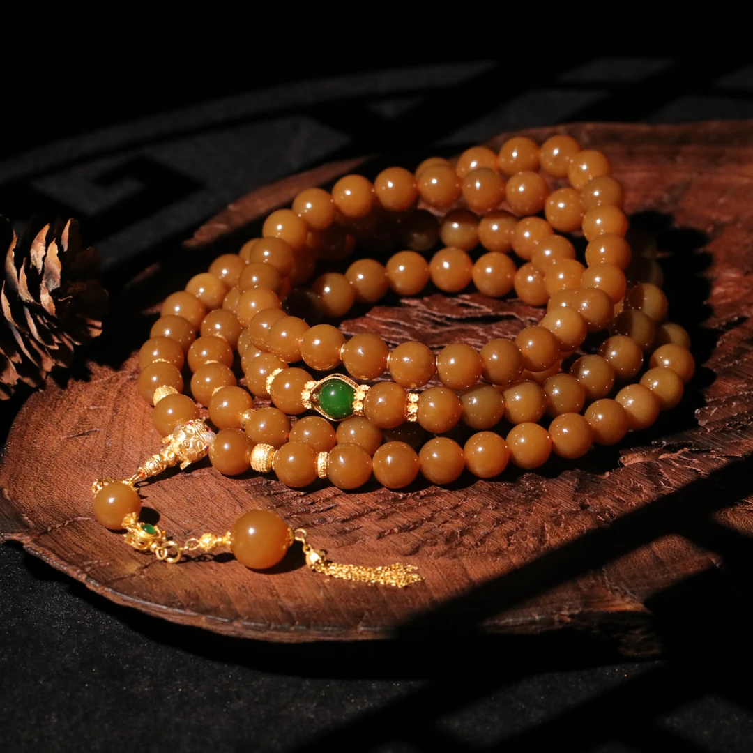 【泓贝珠宝-L966】18k金配饰和田玉糖玉老料设计款108长链