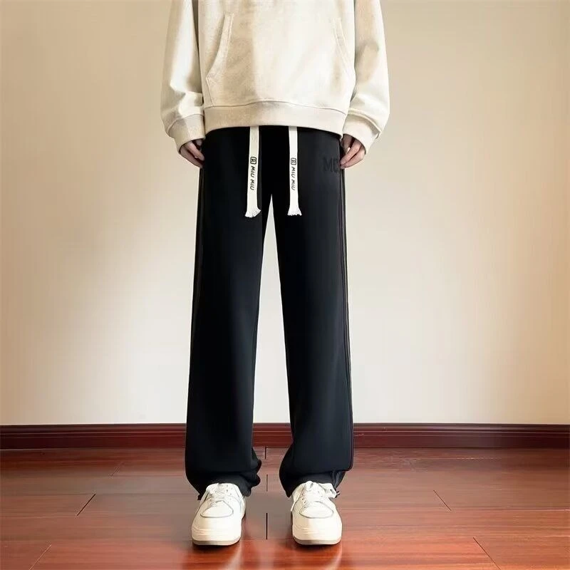 2024秋冬加绒潮牌三条杠直筒长裤青少年百搭潮流运动学生休闲裤