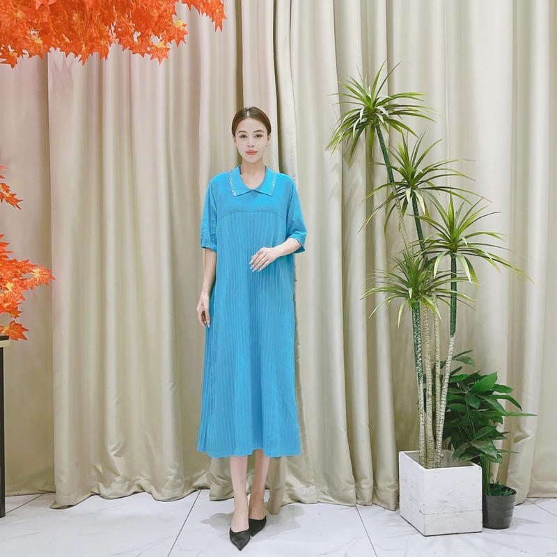 9443天蓝色连衣裙针织中长款春夏显瘦清爽气质收腰