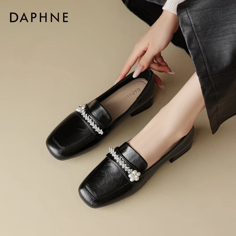 达芙妮法式浅口单鞋女2025新款秋季方头粗跟乐福鞋时尚软皮小皮鞋