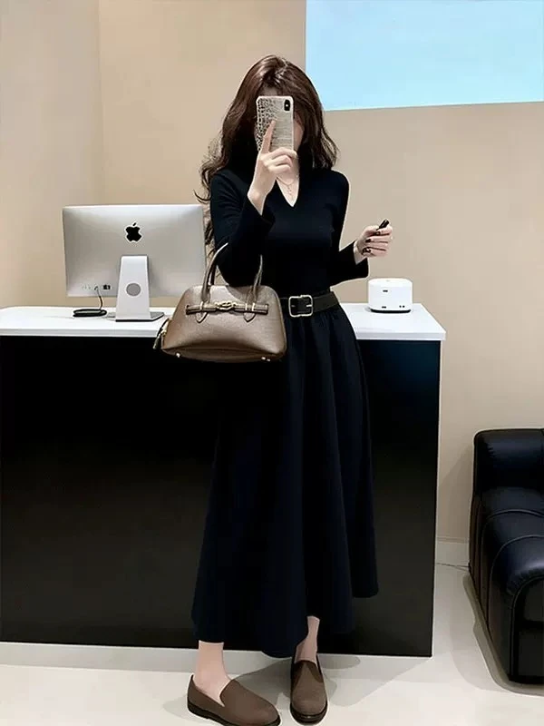 SS5650韩版chic高级感简约V领拼接时尚气质百搭连衣裙裙子配腰带