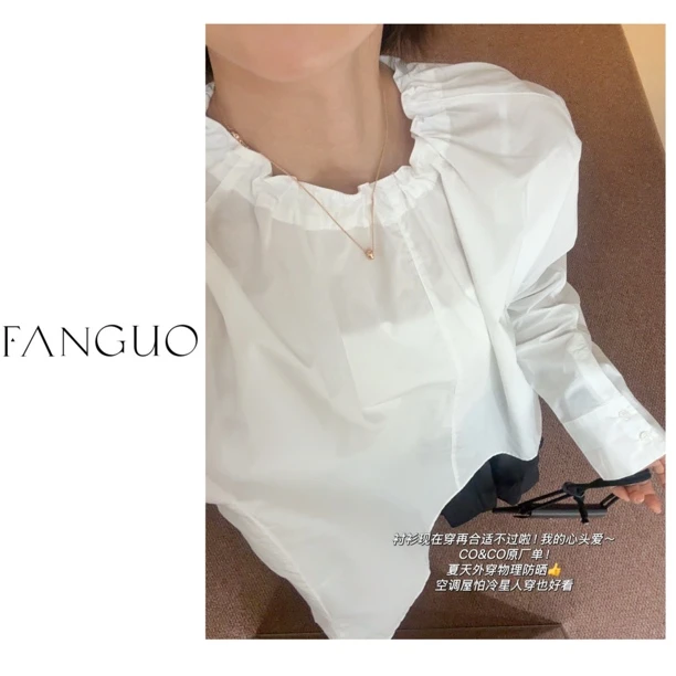 韩国co&co原厂！小众高级设计感 褶皱圆领木耳边白衬衫女春夏B2553