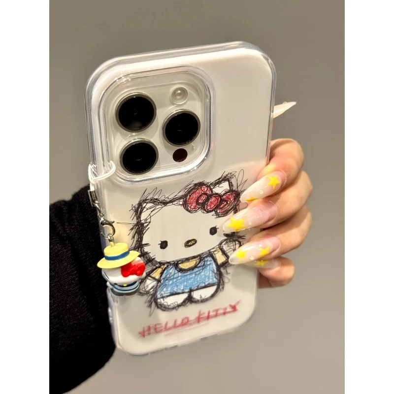 创意绘画素描招手猫咪挂件适用iphone16pro苹果15手机保护壳14pro