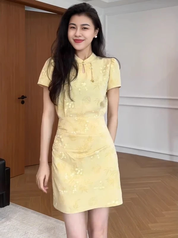 大码女装新中式改良旗袍裙夏季新款微胖mm显瘦掐腰a字短袖连衣裙