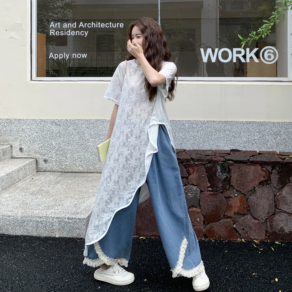 减龄五一ootd穿搭高级感大方得体设计感蕾丝衫蓝色阔腿裤两件套装