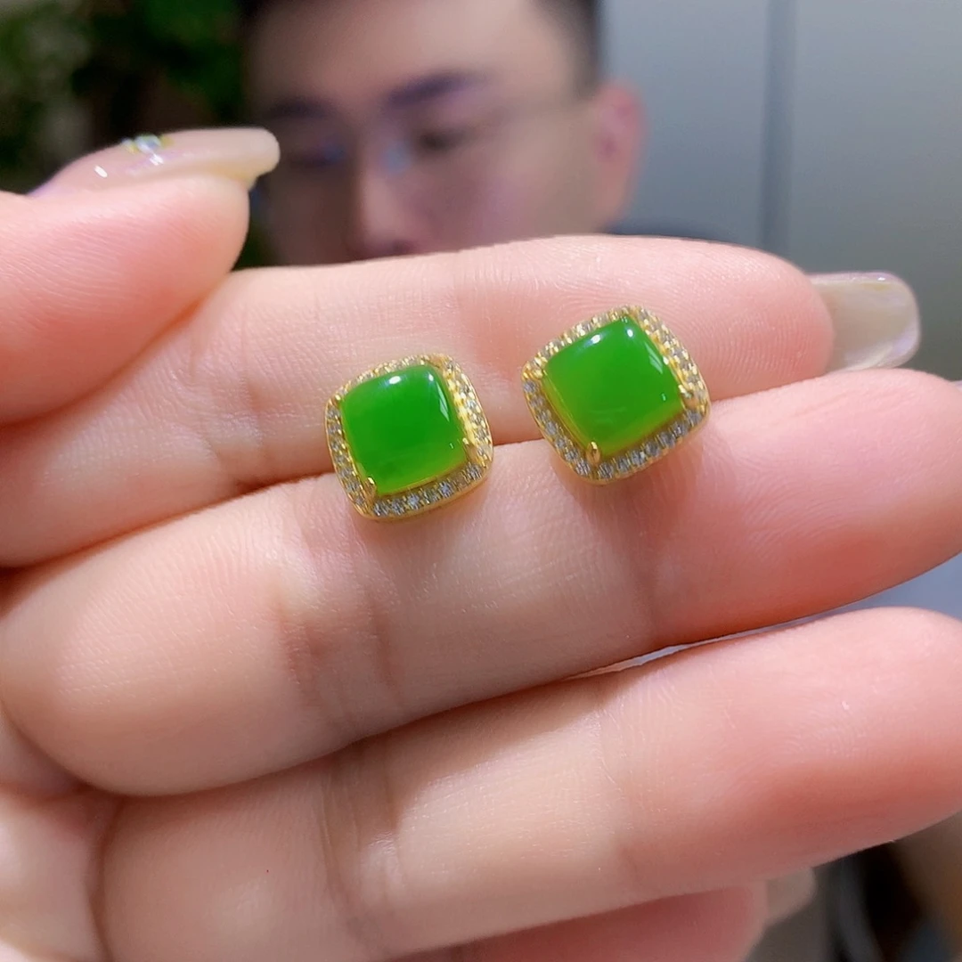 和田玉（碧玉）银S925镀金镶嵌耳饰