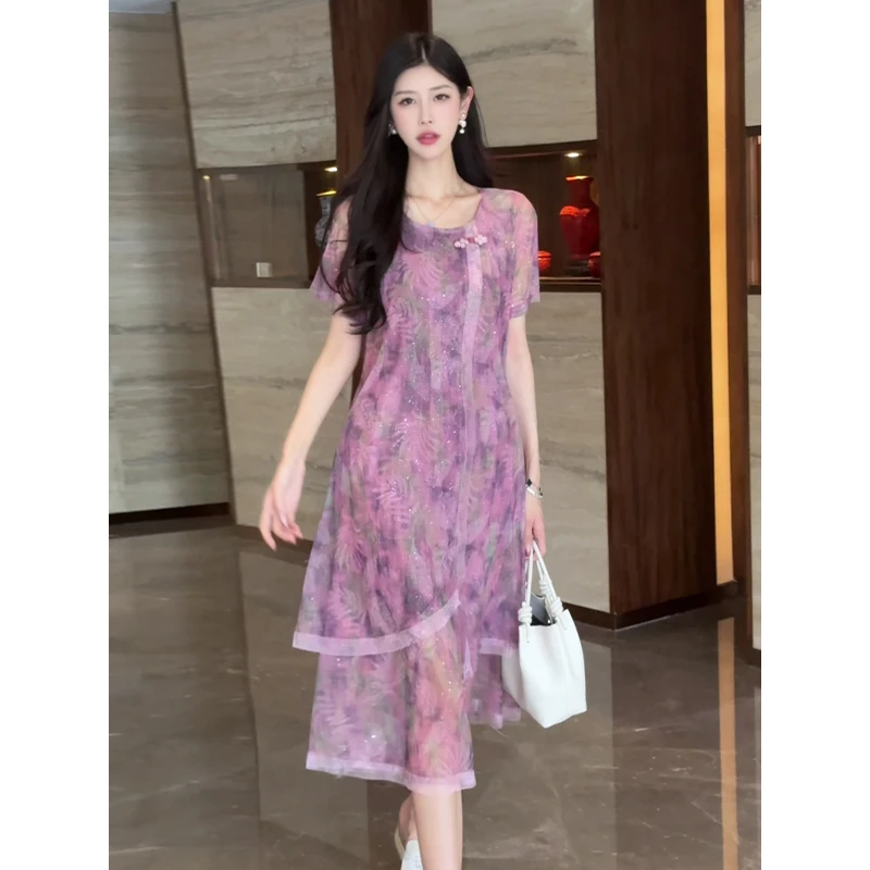 3065#网纱大码连衣裙女夏季新款高档宽松遮肚中长款妈妈装长裙