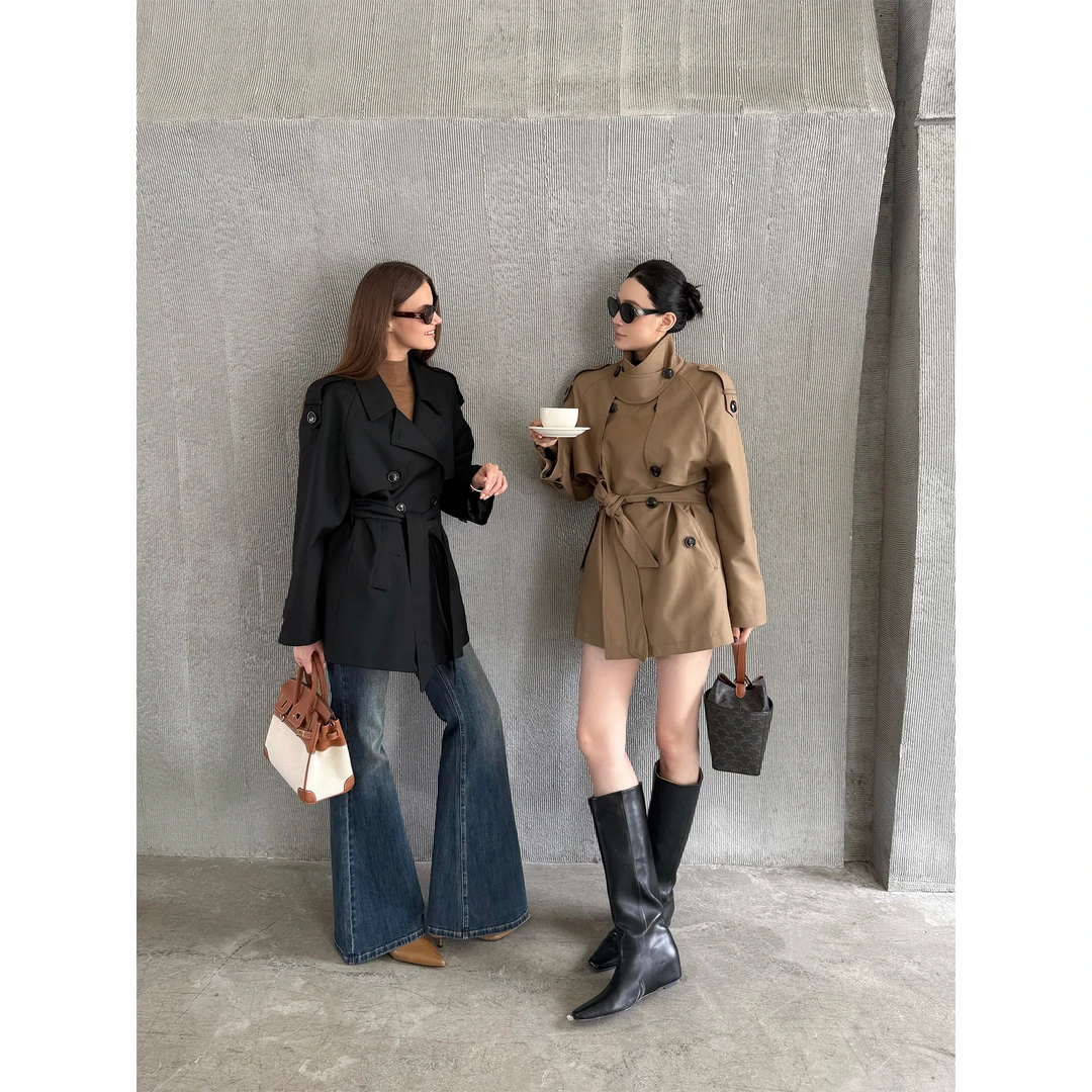 周淼 【巴黎旧梦2.0】经典廓形翻领收腰短款风衣外套女ZM25W5161J