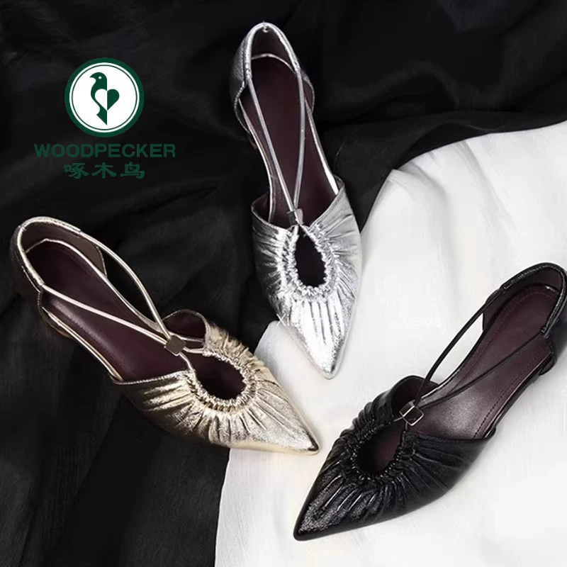 啄木鸟2025年新款法式褶皱包头凉鞋女镂空尖头粗跟单鞋