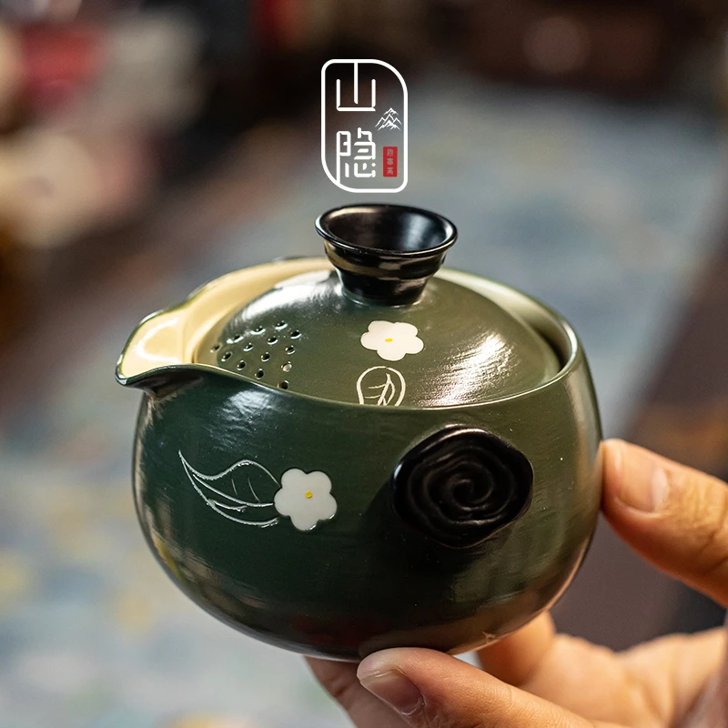 山隐趣事斋手工简约复古陶瓷橄榄绿手抓壶日式功夫茶道简易泡茶器