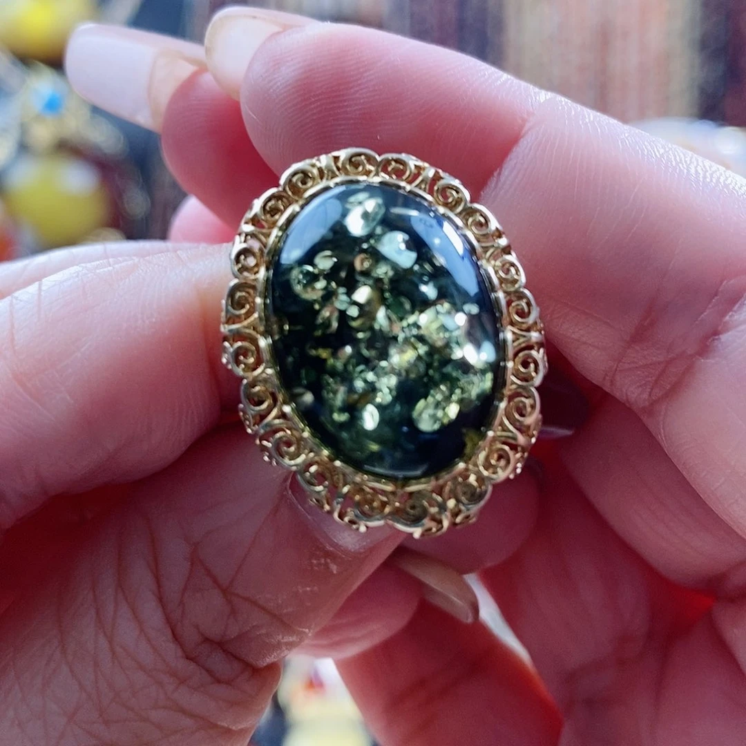 银S925镶嵌琥珀戒指戒指