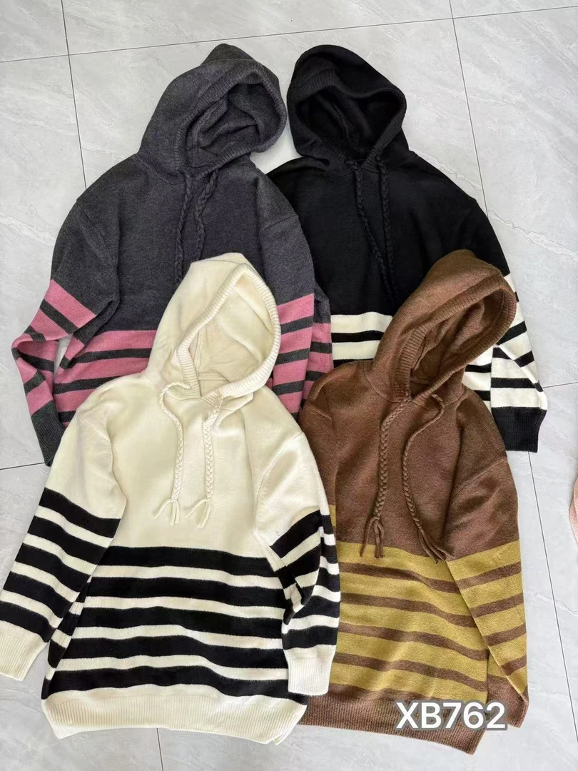 高品质中长款条纹带帽套头针织衫