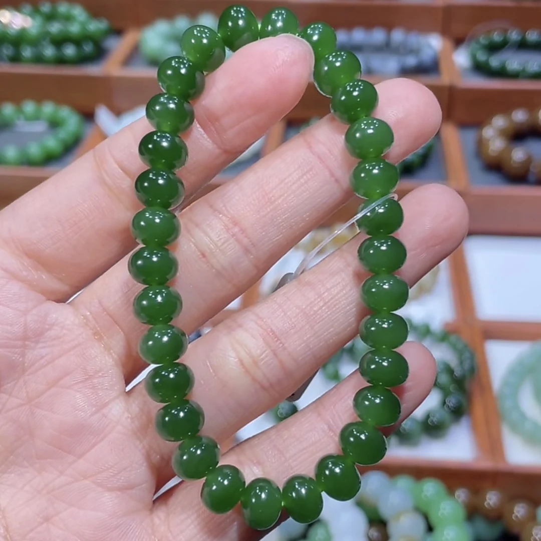 和田玉俄料碧玉辣阳绿手串8×6mm(算盘珠)