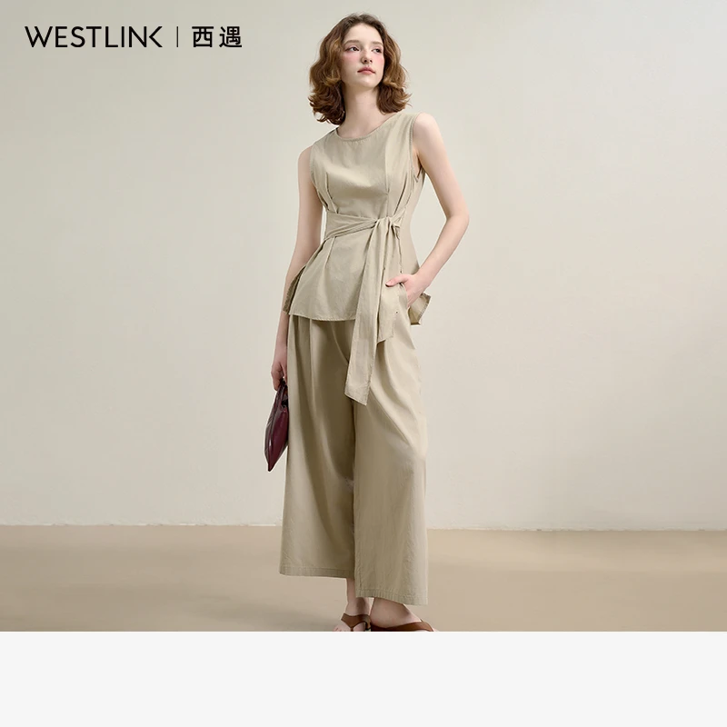 0944西遇收腰无袖上衣套装女2025年夏季新款慵懒风阔腿裤两件套