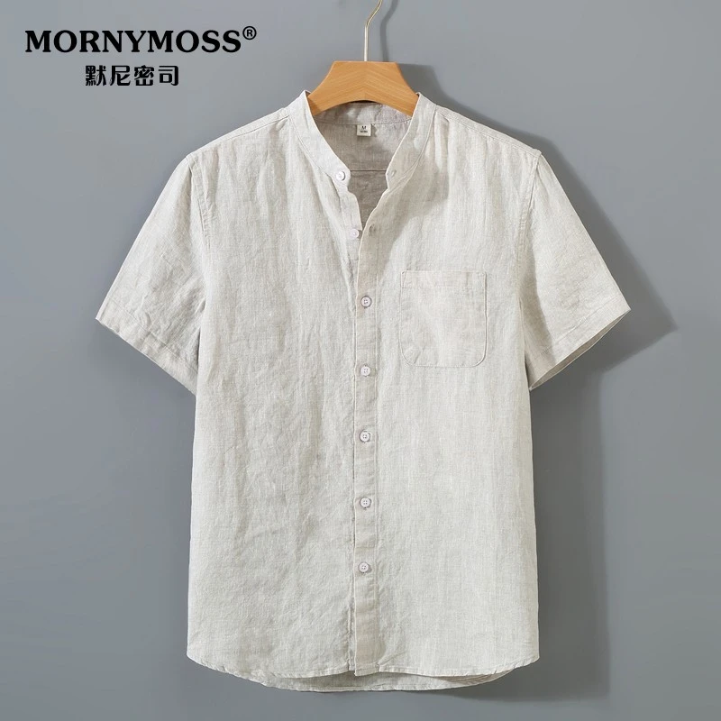 夏季新款短袖男士衬衣高端立领衬衫麻布男装全麻色织布纯亚麻上衣