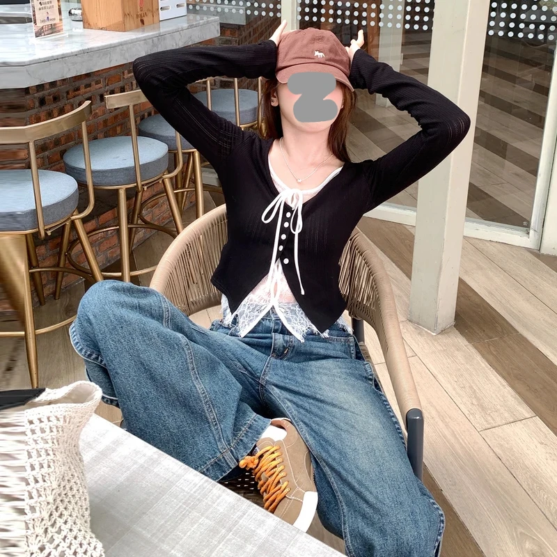蕾丝拼接V领修身显瘦针织衫2026初秋新款女生韩系ins衣服长袖上衣
