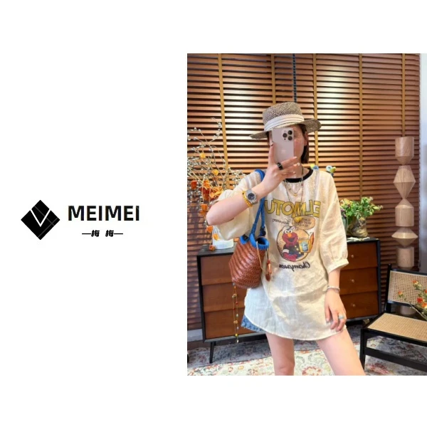 XMM【卡通苎麻短袖】时尚百搭潮流显瘦休闲轻奢圆领宽松夏季GZJ7070