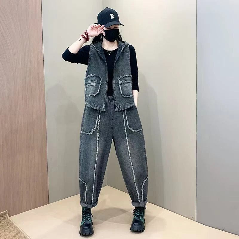 2025洋气新款复古牛仔马甲外套爆款套装显瘦宽松减龄两件套秋季