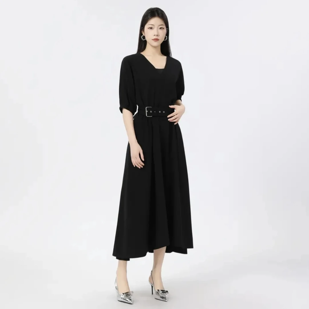 阿玛施女夏季通勤V领附腰带宽松黑色收腰感优雅复古连衣裙5500371