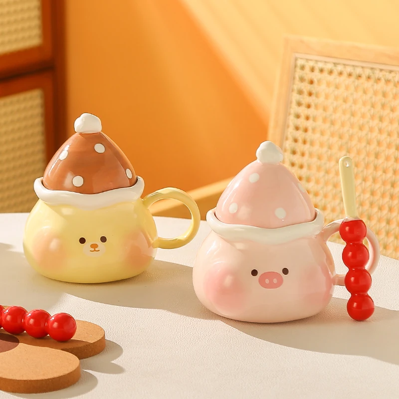 卡通可爱小猪小熊陶瓷马克杯带盖高颜值女生伴手礼物喝水杯子办公