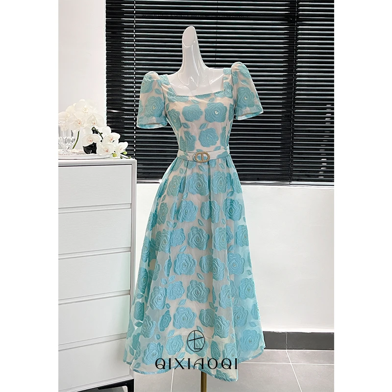 七小七Sicily 蓝色碎花显瘦收腰气质时尚复古甜美方领连衣裙