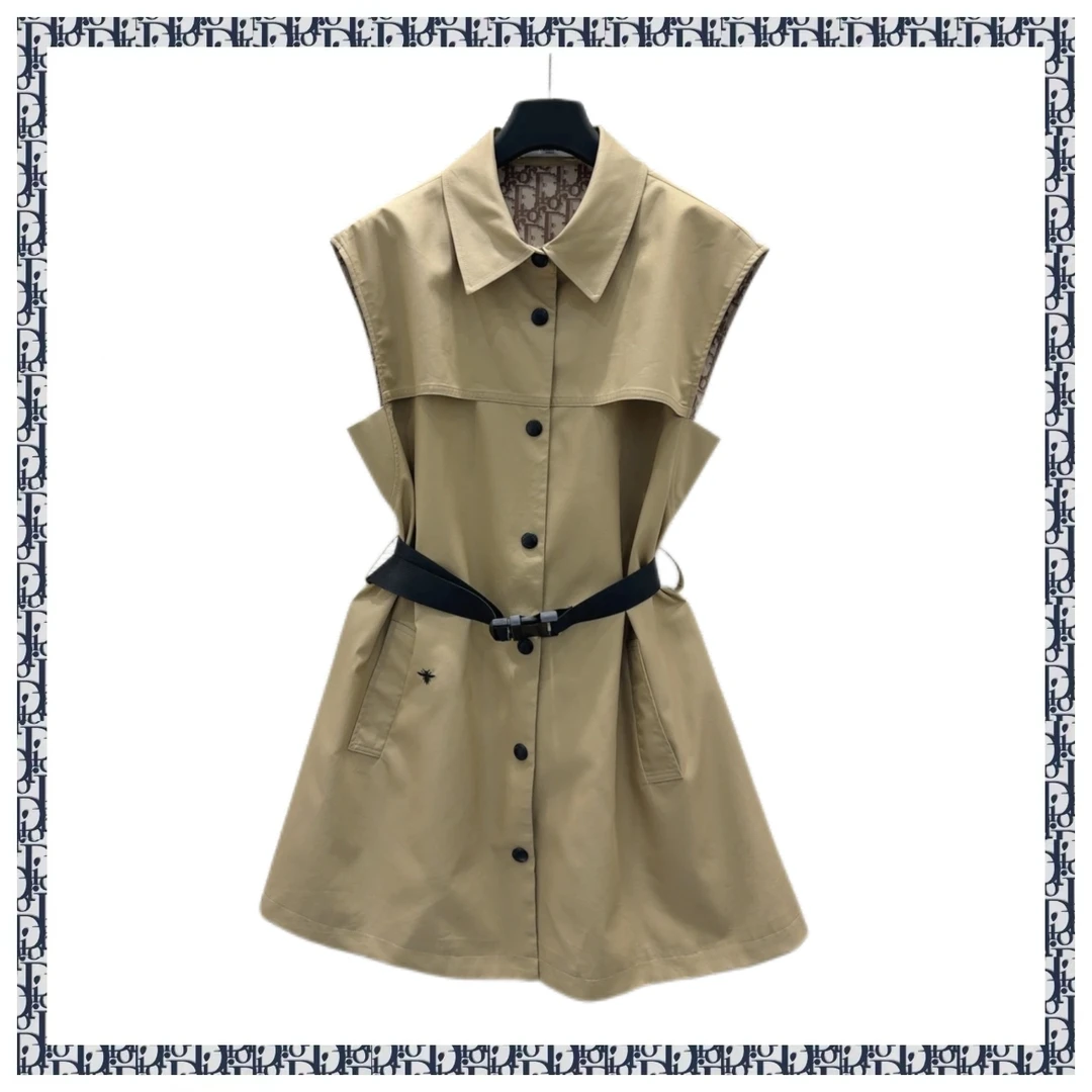 ED054 ddd 卡其色无袖风衣连衣裙