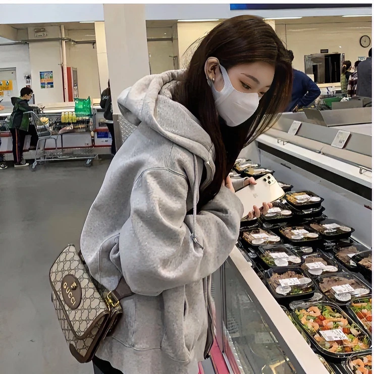 春秋季日系复古纯色连帽开衫卫衣女薄款慵懒风炸街拉链外套ins