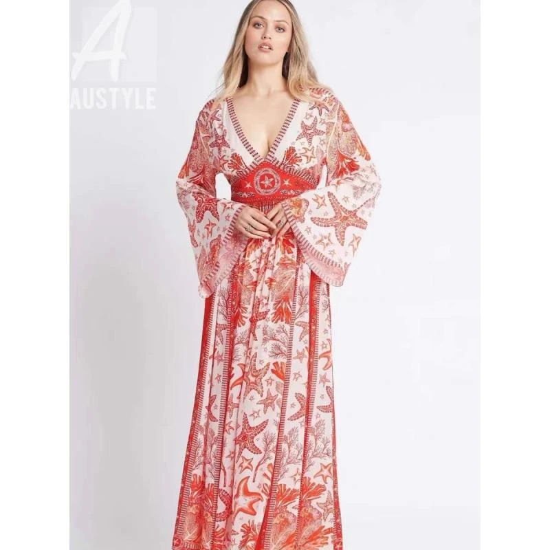 ［依易原创］秀款气质红色珊瑚海V领大长裙A0911