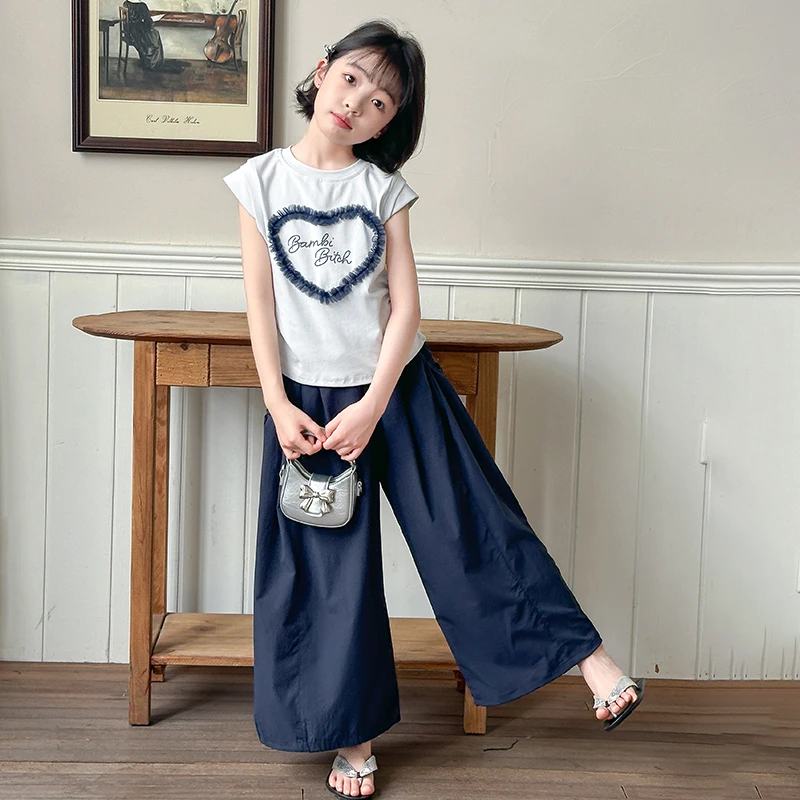 女童套装夏季2025新款儿童装韩系短袖T恤上衣女孩洋气阔腿裤夏装