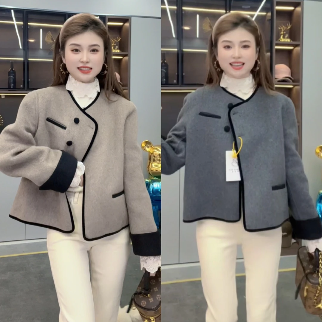 《月月专享》小香风撞色时尚设计感气质羊毛大衣JBP-A00286