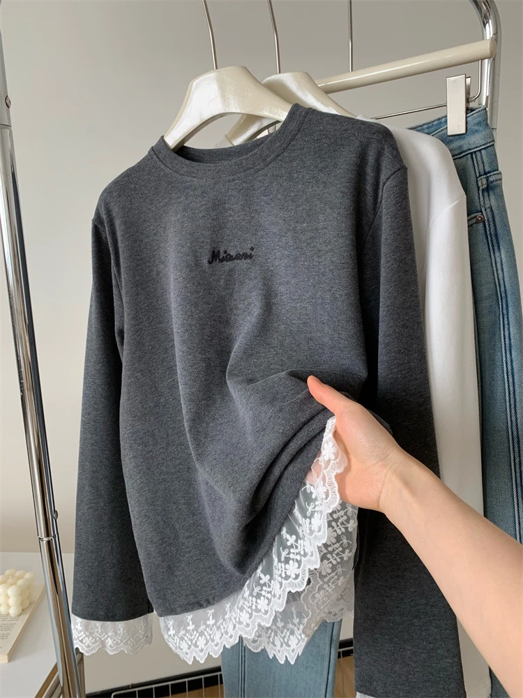 【磨毛蕾丝长袖T】圆领宽松软糯舒适百搭拼接蕾丝T恤休闲时尚韩版四